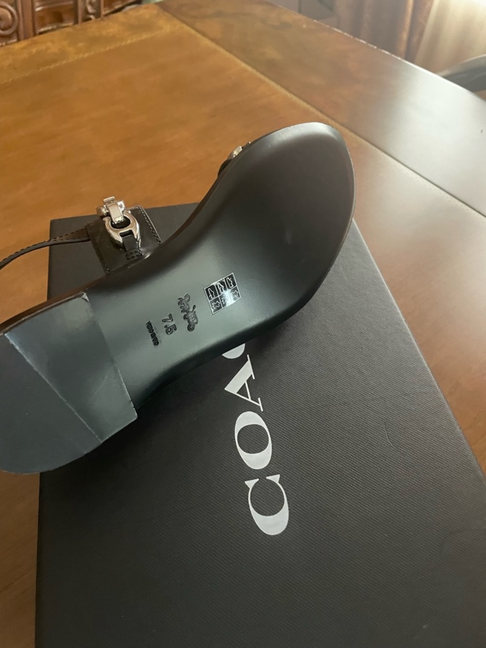 Coach Black Leather Sandal with Silver Chain Detail - Picture 7 of 10